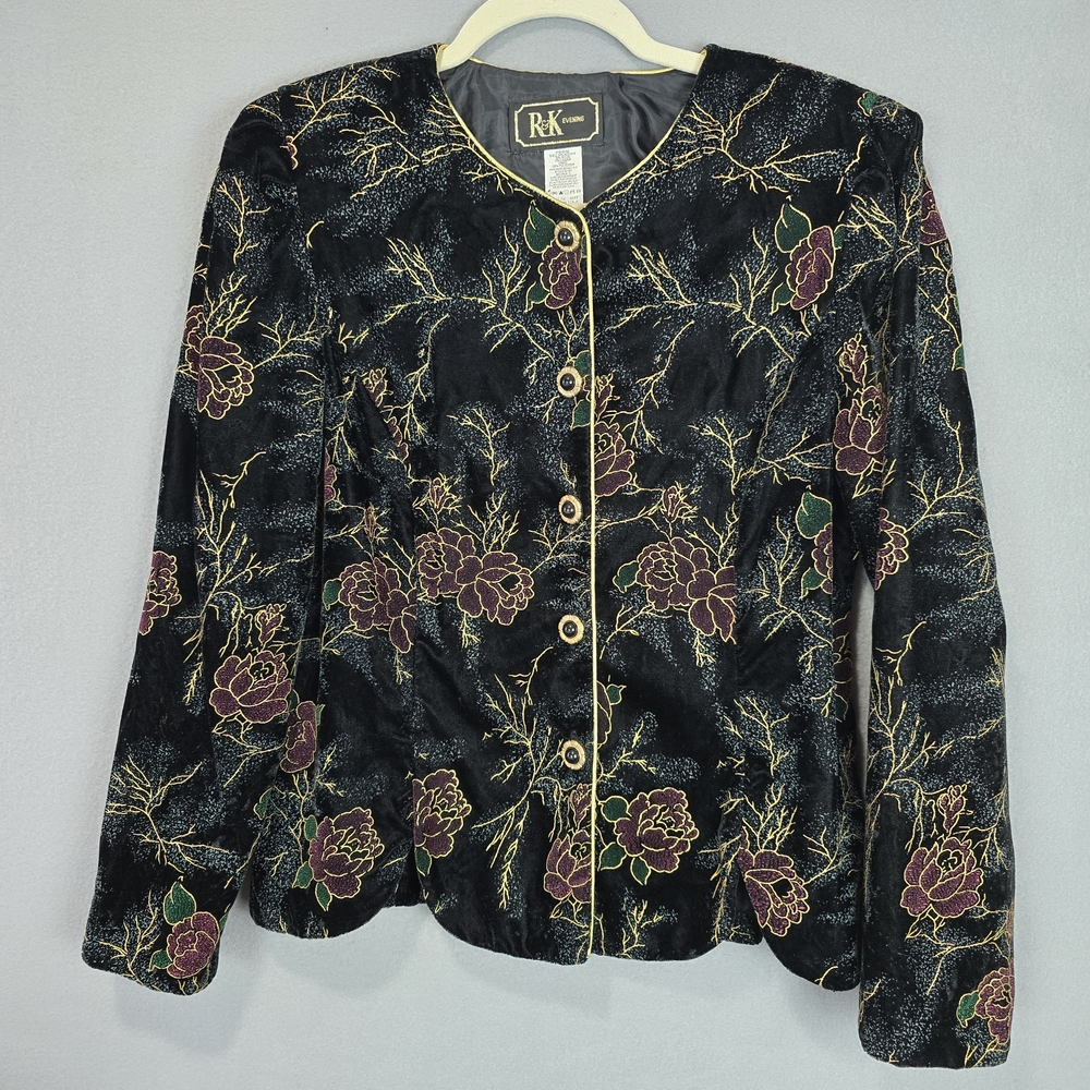 Vintage R & K Evening Floral Black Velvety Button-Up Jacket Size 12 Made In USA